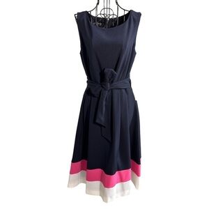 Jones New York Sleeveless Tri-Color Stretch Crepe Dress Tie Navy Size 6 NEW NWT